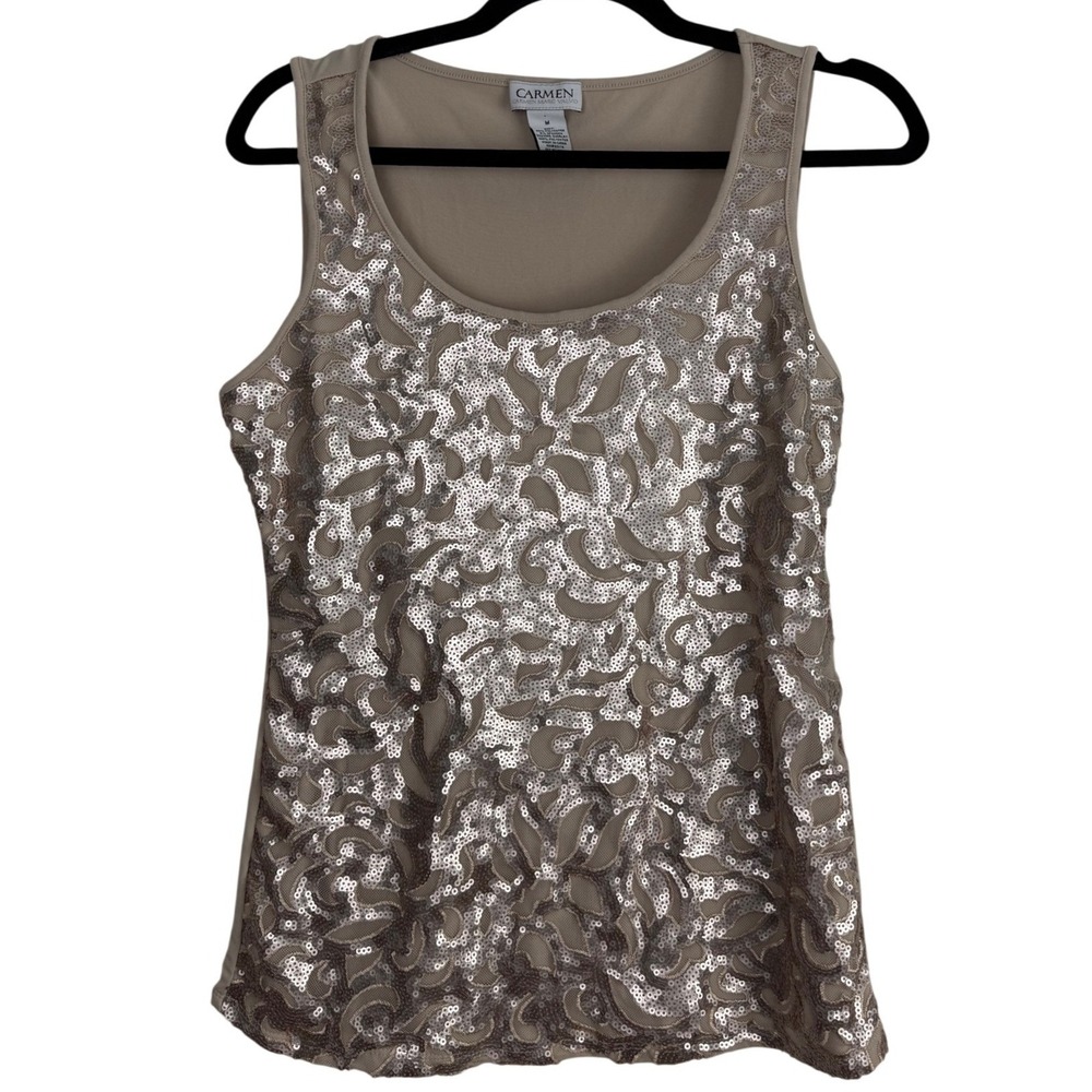 Carmen Marc Valvo Champagne Gold Sequin Scroll Shell Tank‎ Evening Glam Medium